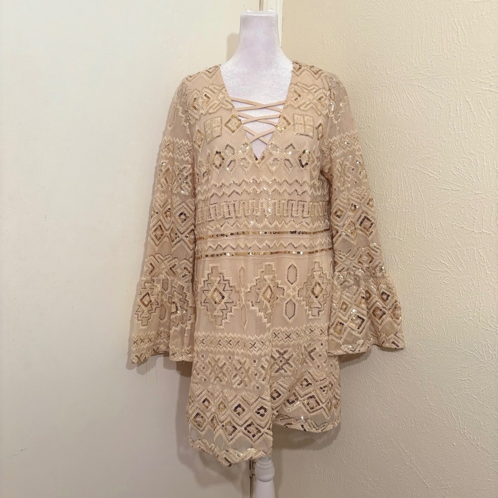 Cream Gold Sequin Embroidered Mesh Lace Up Bell Sleeve Mini Dress Boho Glam M